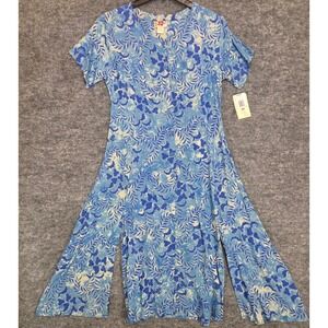 NWT VTG Hilo Hattie Dress Medium Blue Tropical Floral Rayon Midi Slits DEADSTOCK
